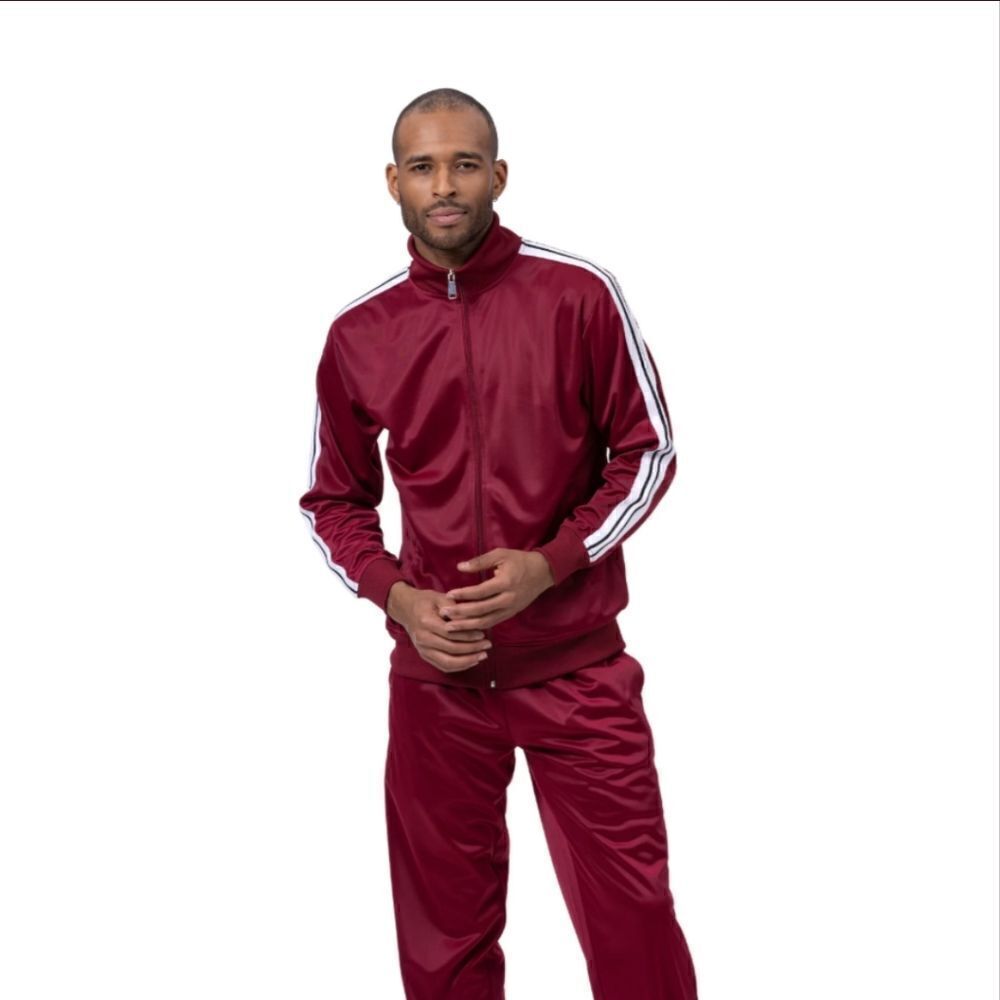 MEN'S MONTIQUE BURGUNDY 2 PIECE SPORT TRACK SUIT WITH TRIPLE SIDE STRIPE. JS27.